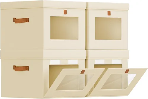 Miniatura 22 de Homsorout Contenedores de almacenamiento con tapa, organizador de armario con apertura lateral y ventana transparente, cesta plegable de tela Beige