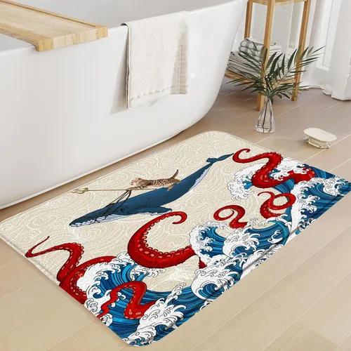 Miniatura 5 de Tapete de baño de tentáculos de pulpo, océano rojo, kraken, animales náuticos, tentáculos de pulpo, grandes olas japonesas, divertido, gato