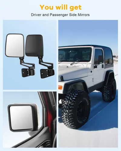 Miniatura 5 de Juego de montaje de espejos laterales Compatible con 1987-2002 para Jeep Wrangler con puerta media, plegable manual, espejo negro manual texturizado