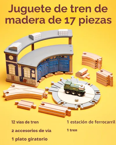 Miniatura 4 de Pista de tren de madera SainSmart Jr. con casa de locomotoras - Juguete ferroviario para niños pequeños, pistas de doble cara compatibles con todas