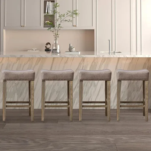 Miniatura 9 de Juego de 4 taburetes de bar con asiento de silla de montar de 29 pulgadas, taburetes de bar de piel sintética, sillas de bar de madera con cabeza