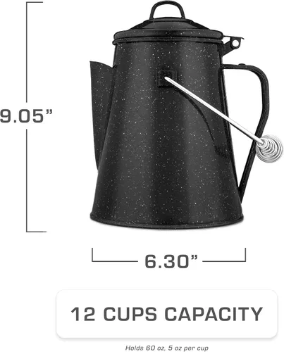 Miniatura 4 de COLETTI Hervidor clásico de camping de 60 onzas, tetera de té y campamento, sin aluminio ni plástico, ideal para hervir agua [esmalte negro]