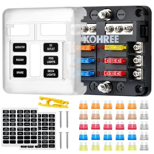 Kohree Bloque de fusibles de hoja de 6 vías de 12 V 12 V impermeable, soporte de caja de fusibles de 6 circuitos con caja de fusibles de bus