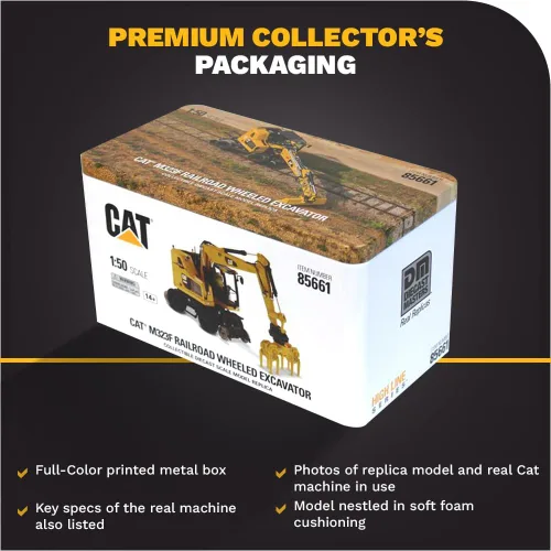 Miniatura 6 de Diecast Masters Excavadora con ruedas para ferrocarril Caterpillar M323F a escala 1:50 - Versión amarilla de seguridad Camiones para gatos