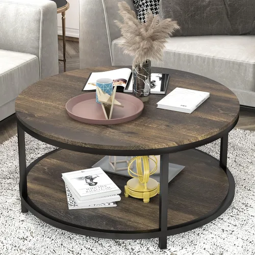 Miniatura 18 de NSdirect Mesa auxiliar redonda de 32 pulgadas para sala de estar, mesa central de madera maciza de 2 niveles para decoración del hogar con estante