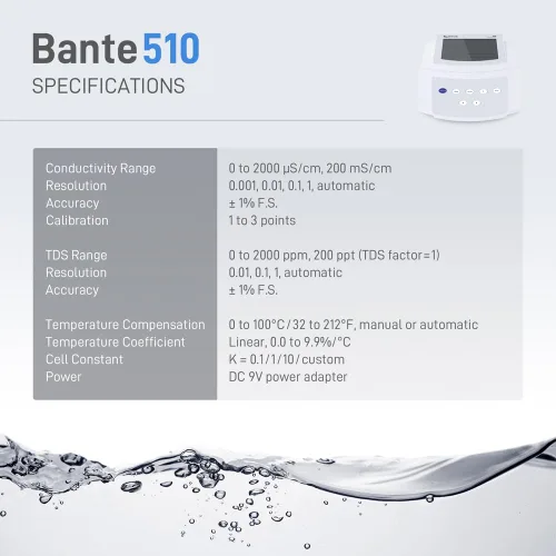 Miniatura 7 de Medidor de conductividad de sobremesa Bante 510 Medidor TDS de conductividad de laboratorio Equipado con 2 electrodos de platino Rango