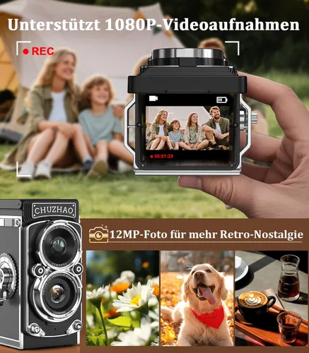 Miniatura 3 de Cámara digital retro de Chuzhao, cámara vintage portátil estilo TLR de doble lente, 12MP con enfoque automático, 1080P FHD, cámara de apuntar