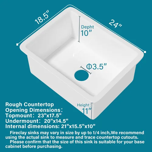 Miniatura 6 de Fregadero de cocina de arcilla refractaria de 24 x 18.5 pulgadas, color blanco Para cocina o lavandería, cuenco individual de arcilla refractaria