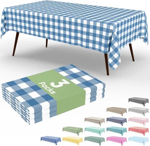 Miniatura 53 de Smiry Paquete de 3 Manteles Desechables de Cuadros Gingham Color Caqui - 54" x 72" Mantel de Plástico de Servicio Pesado, Cubiertas de Mesa