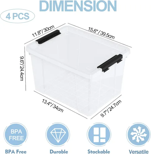 Miniatura 3 de Hespama Paquete de 4 contenedores de almacenamiento transparentes de 22 cuartos de galón, caja de almacenamiento con tapa de plástico con ruedas