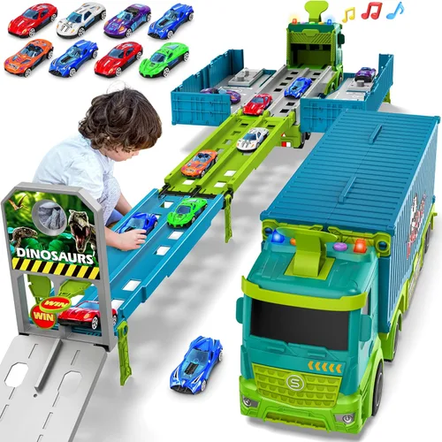 Miniatura 7 de Camión de carreras para niños, juguete plegable de 3 capas para niños, camión de juguete para transportar autos y 8 autos de carreras, juguetes
