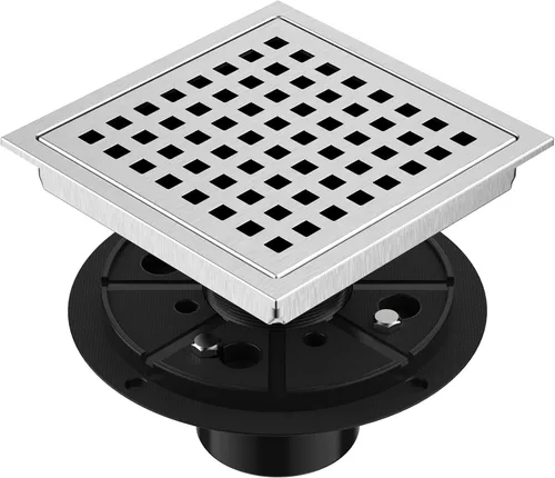 Miniatura 10 de EXF Drenaje de ducha cuadrado de 6 pulgadas con base de brida ABS, drenaje de piso de acero inoxidable 304 negro mate, rejilla extraíble y colador