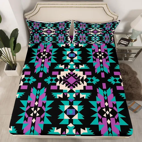 Miniatura 42 de Juego de ropa de cama occidental tamaño individual, sábanas aztecas, estilo nórdico exótico, bohemio, sábana bajera ajustable de tribu india