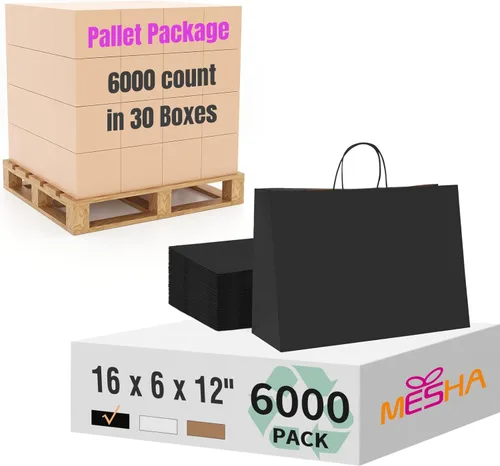 Miniatura 20 de MESHA Bolsas de regalo negras de 5.25 x 3.75 x 8 pulgadas, pequeñas bolsas de papel kraft con asas a granel, paquete de 100 para pequeñas empresas
