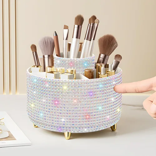 Miniatura 11 de Organizador para brochas de maquillaje, organizador de brochas de maquillaje giratorio 360°, taza con 5 ranuras para brochas de maquillaje