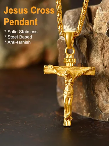 Miniatura 3 de U7 Colgante de cruz de crucifijo para hombre con cadena de bautismo, joyería cristiana, acero inoxidable, oro de 18 quilates, collar antiguo