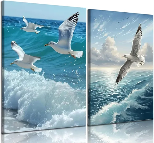 2 lienzos enmarcados para pared, impresiones artísticas de gaviotas volando sobre olas del océano, póster de pintura náutica costera, galería, para