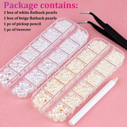Miniatura 7 de Kit de 2700 perlas con parte trasera plana, 1 caja de color blanco con parte trasera plana + 1 caja de perlas pequeñas de color beige medio redondo