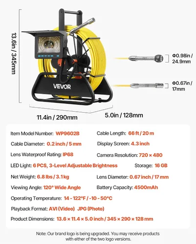 Miniatura 7 de Cámara de alcantarillado VEVOR, 66 pies/20m, cámara de inspección de drenaje de 4.3", cámara de plomería serpiente impermeable IP68 con luces - 6