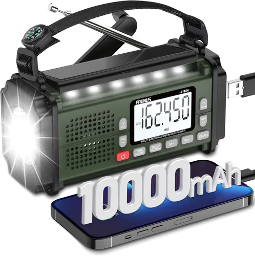 PRUNUS J-924 10000mAh/37000mWh Radio de emergencia con manivela, pilas AAA, radio de emergencia solar, radio meteorológica NOAA AM/FM/SW, carga USB,