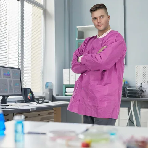 Miniatura 6 de Chaquetas de laboratorio desechables dentales Puños y cuello de punto suave SMS duraderos con 3 bolsillos Chaqueta de laboratorio médico