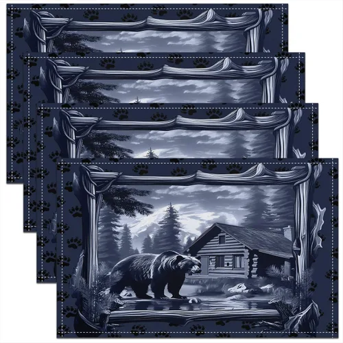 Miniatura 29 de jejeloiu Manteles individuales de mesa con osos para niños, manteles de mesa de animales salvajes de granja, mantel individual rústico de familia