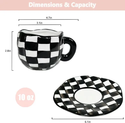 Miniatura 2 de Noviko Taza de Cerámica a Cuadros Juego de Taza de Té y Platillo de 10 onzas