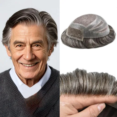 Miniatura 21 de Sistema de repuesto de piezas de cabello humano tipo tupé para hombre, transpirable, encaje francés, peluca para hombre, peluca de piel de #1B Negro