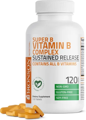 Miniatura 8 de Bronson Complejo de vitamina B Super B de liberación lenta sostenida (vitamina B1, B2, B3, B6, B9 - ácido fólico, B12) contiene todas las vitaminas