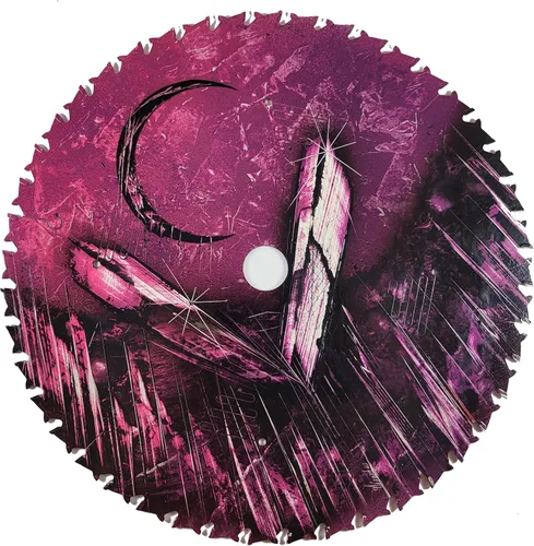 Double Sided Saw blade Painting in Purple Colors of Fantasy Landscape scenes Flip Sides by artist Jason Girard