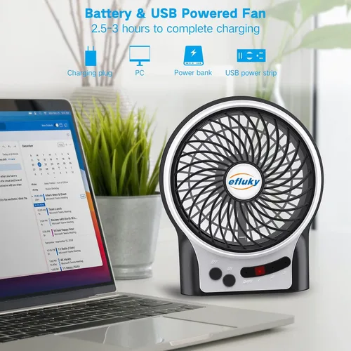 Miniatura 2 de efluky Ventilador de Escritorio Mini de 4.9 Pulgadas - 3 Velocidades, Batería Recargable/Alimentación por USB con Luz LED, Ventilador Portátil Negro