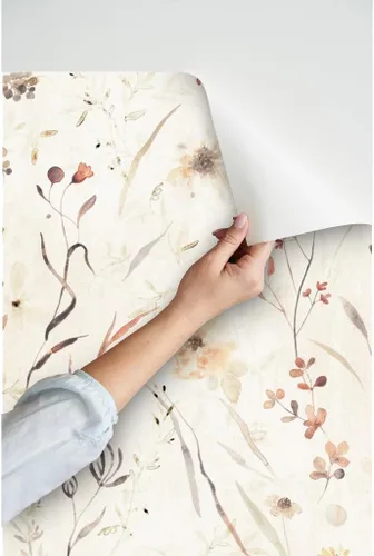 Miniatura 3 de Spoonflower Papel tapiz autoadhesivo de 9 x 2 pies, papel tapiz extraíble de acuarela de botánicos neutros con diseño floral beige