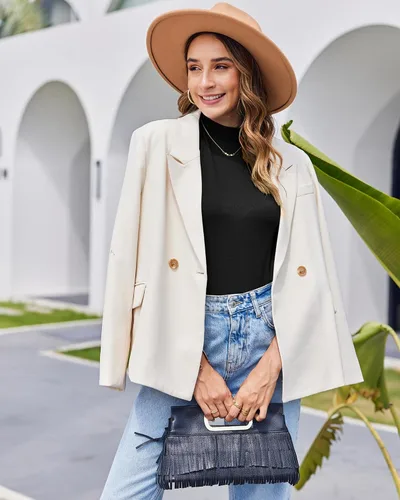 Miniatura 3 de LaLaLa Camiseta de media manga para mujer, cuello alto, elegante, casual, para primavera, ajustada, básica