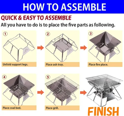 Miniatura 5 de CAMPINGMOON Hoguera Portátil de Acero Inoxidable Plegable para Fogata, Parrilla de Leña y Carbón para Estufa de Camping, Cocina al Aire Libre