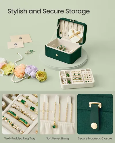 Miniatura 15 de SONGMICS Caja organizadora de joyas, estuche de viaje de 2 capas para aretes, collares, pulseras, almacenamiento portátil de joyas con gran Verde