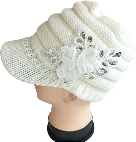 Miniatura 4 de C-US - Gorro de punto cálido para mujer, con visera de ganchillo con acento de flores