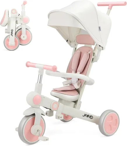 JMMD - Triciclo para bebé 7 en 1 plegable con mango ajustable para padres, arnés de seguridad y frenos de rueda, toldo extraíble, triciclo de paseo