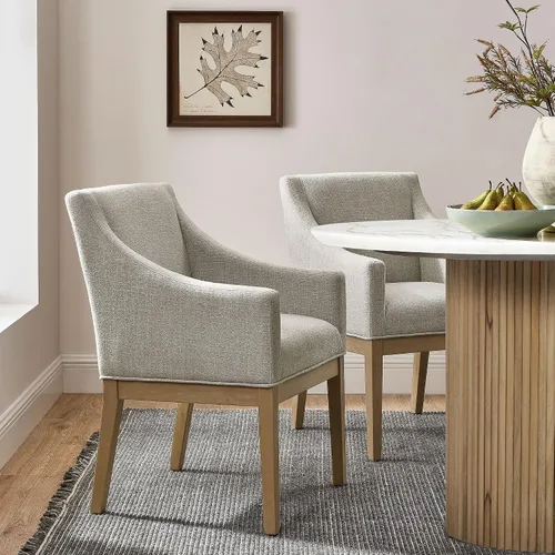 Miniatura 2 de Modway Alton Silla de comedor tapizada con brazos en lino natural – Silla de cocina acolchada moderna de mediados de siglo con patas de madera
