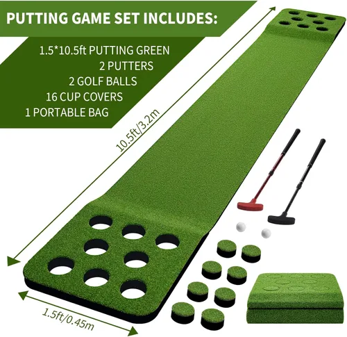 Miniatura 6 de Wekin Alfombra de práctica de golf para interiores con 2 putters, 2 bolas, 12 cubiertas de hoyo, tapete de entrenamiento de golf para juego