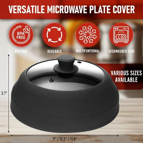 Miniatura 2 de Cubierta de vidrio para microondas para alimentos, tapa grande de vidrio templado y silicona de 10.8 pulgadas, resistente al calor, protector