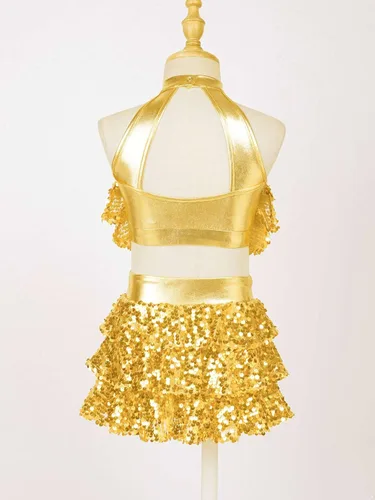Miniatura 28 de JEATHA Top corto con borlas y lentejuelas brillantes para niñas, con minifalda, jazz latino, salsa, samba, rumba, baile