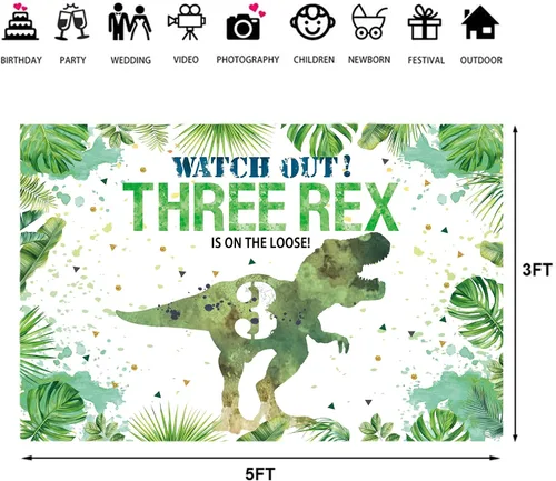 Miniatura 6 de Hilioens Telón de fondo de cumpleaños de 3 x 3 pies para niños, dinosaurio de tercer cumpleaños, fondo de hojas verdes, decoración de fiesta