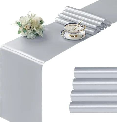 Miniatura 12 de Manyshofu 24 Piezas Caminos de Mesa de Satén Plateado – Tamaño Largo de 12 x 108 Pulgadas, Decoración de Camino de Mesa para Fiestas Brillante