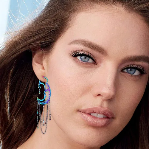 Miniatura 3 de Aretes asimétricos de sol y luna para mujer, aretes bohemios de arco iris, cadena de borla de estrella, aretes colgantes de acero inoxidable