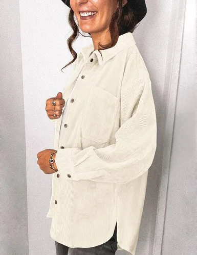 Miniatura 4 de Saslax Camisa de pana para mujer, de manga larga, con botones, cuello en V, holgada, chaqueta