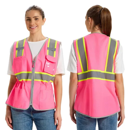 Chaleco de Seguridad de Alta Visibilidad para Mujeres, Chaleco de Construcción de Trabajo con Cintura de Cordón con Bolsillos y Cremallera, Chaleco