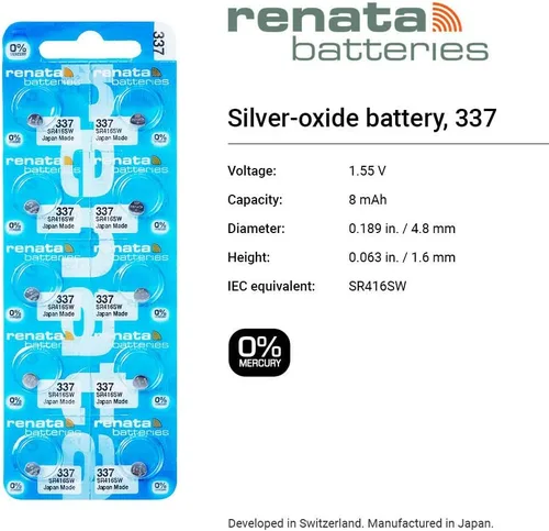 Miniatura 2 de Renata 337 SR416SW Baterías – 1.55 V Óxido de Plata 337 Batería de Reloj (2 unidades)