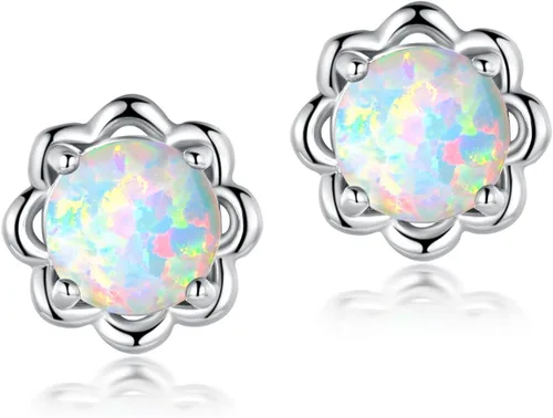 Pendientes de tuerca chapados en oro blanco con ópalo de flores hipoalergénicos, regalo de joyería para mujer, Latón Gema, Piedra natal de ópalo