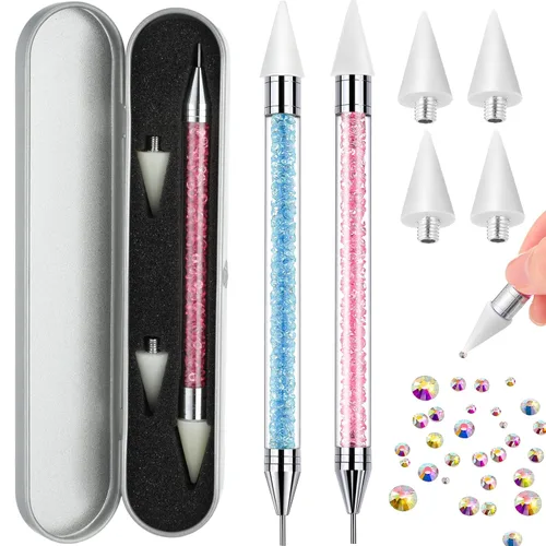 Miniatura 13 de 2 piezas de lápiz de cera con punta de diamante de imitación y pluma de punteado, selector de gemas de diamante de imitación de doble punta, lápiz