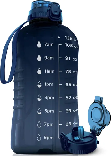 Miniatura 21 de AQUAFIT Botella de agua de 128 onzas con marcador de tiempo, popote 2 en 1 y tapa para beber, botella de agua grande para gimnasio sin BPA